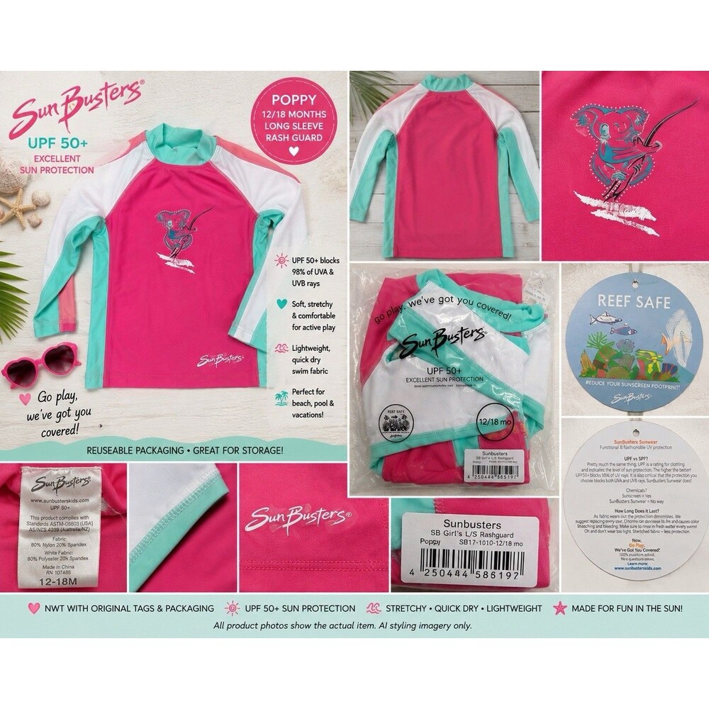 NWT SunBusters Poppy Rash Sun Guard 12-18M UPF 50+ Koala Long Sleeve Swim Pink